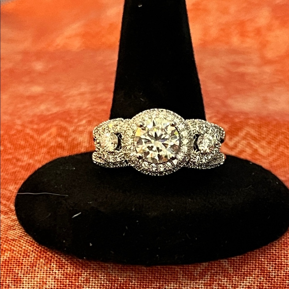 Spectacular Women’s Moissanite 925 Rhodium over Three Stone Ring Sz 9 w/accents